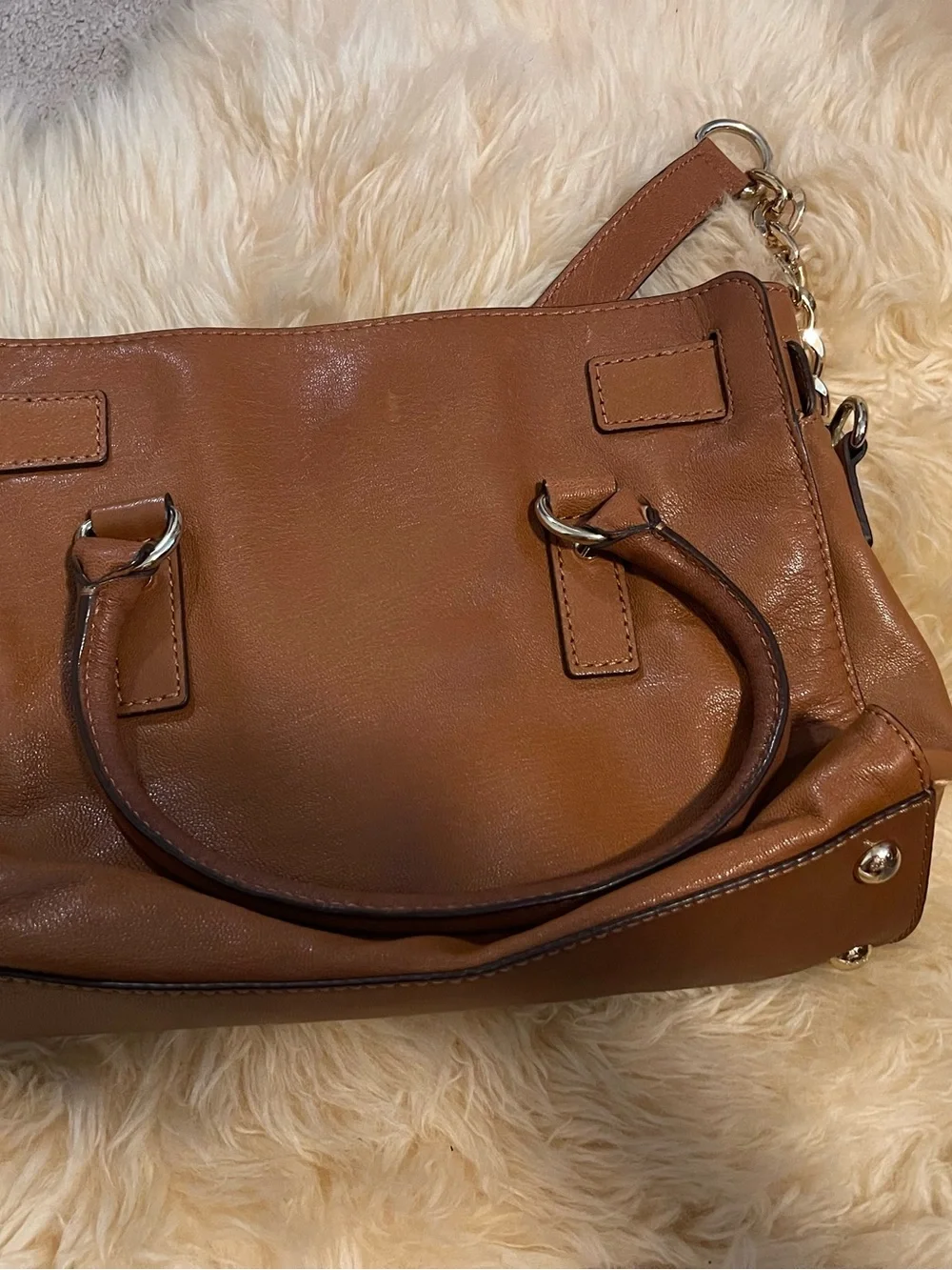 Michael Kors Cognac Leather Satchel with Gold MK Charm